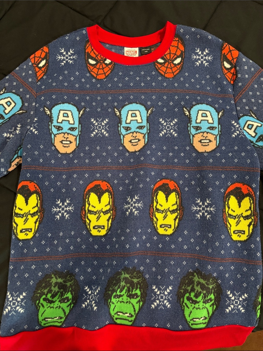 Marvel Holiday Sweater in Navy with Red Trim and Multicolor Hero Faces